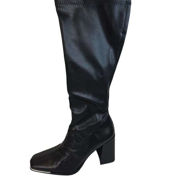 Pretty Little Things Black Leather Women's 7 Square Toe Calf Heeled Sock Boots - Picture 5 of 16